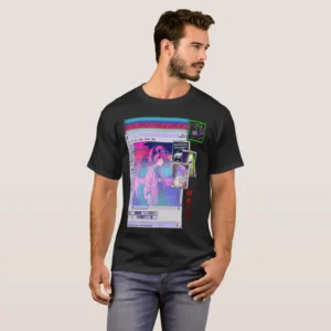 A man and fronted wearing a unisex basic dark t-shirt black color. Printed on it a graphic design which describe: A colorful rainbow with shades of light blue, dark blue, purple, and white, displaying the title "ANXLTY LOVES TO MYY CRUSH PART.", with Hands reaching out to one another, framed by a lively neon green and colorful vaporwave aesthetic backdrop. An image of untitled pint, inside it a vaporwave grunge aesthetic of anime retro 90s posing at car. And last their three note pods. The first one is a car with title antisocial teenager, the second is a retrowave grid with roman vaporwave status with glitching title “ERROR”. And the last note pod, the third glowing light city with sunset title “KNOW YOURSELF” and the center 3D cartoonish status. On the right, a red vertical writing in Japanese.