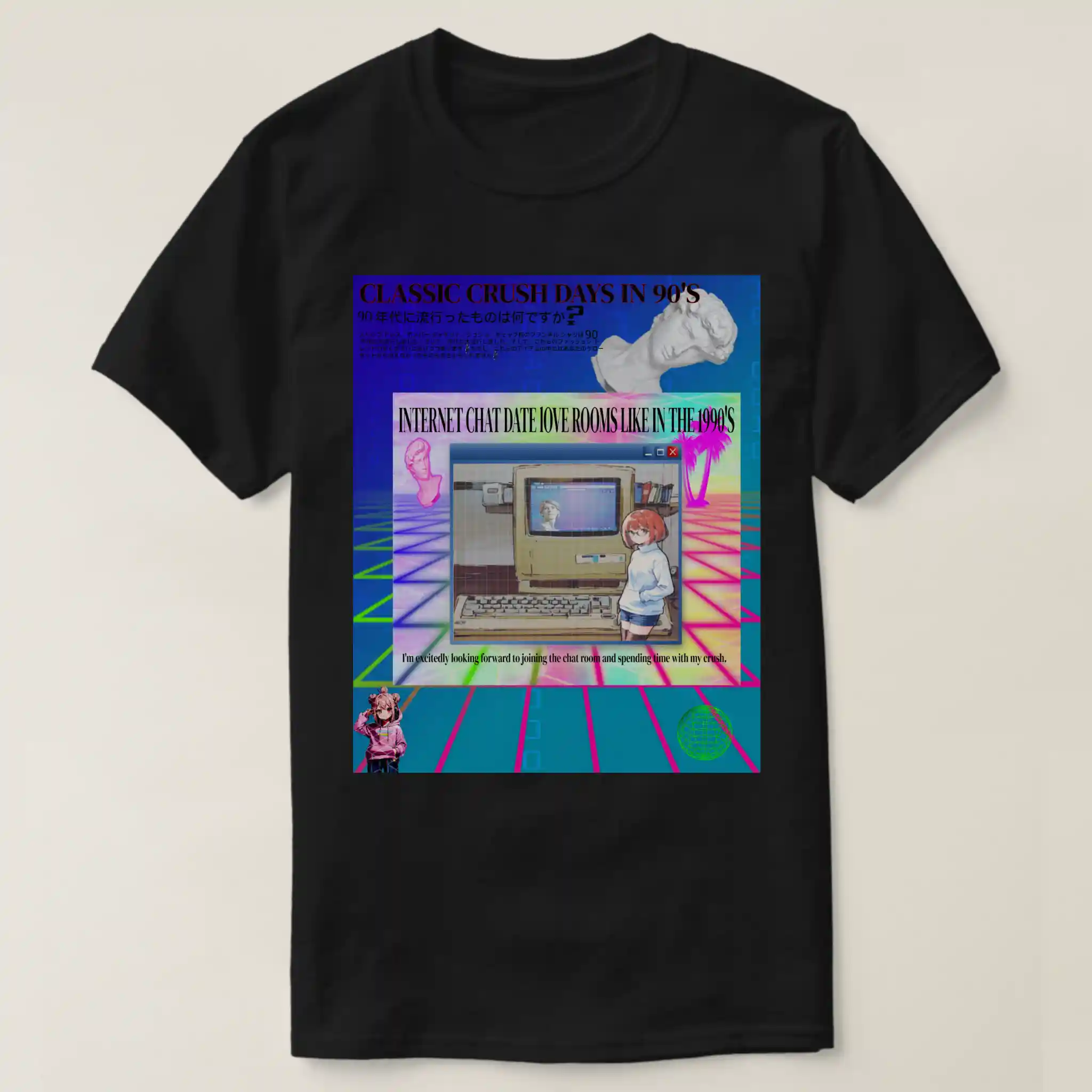 A basic dark t-shirt unisex (both men and women) in black color, feasting a graphic design which describe a graphic design about an upper title: CLASSIC CRUSH DAYS IN 90'S. What was the trend in the 1990s? with long texts and with flying vaporwave roman statue. Gradient with grid background Royle blue and light green with faded codes, in the bottom on the right of image a green digital globe earth, and the light a young anime girl. In the center of the image there is another image, including grid background inside also There is another image of Windows XP Computer Window rectangle, contains grunge vaporwave aesthetic featuring an old computer (monitor and keyboard), and at the right a posing anime girl wearing glasses. What was the trend in the 1990s? with long texts and with flying vaporwave roman statue. Gradient with grid background Royle blue and light green with faded codes, in the bottom on the right of image a green digital globe earth, and the light a young anime girl. In the center of the image there is another image, including grid background inside also There is another image of Windows XP Computer Window rectangle, contains grunge vaporwave aesthetic featuring an old computer (monitor and keyboard), and at the right a posing anime girl wearing glasses.