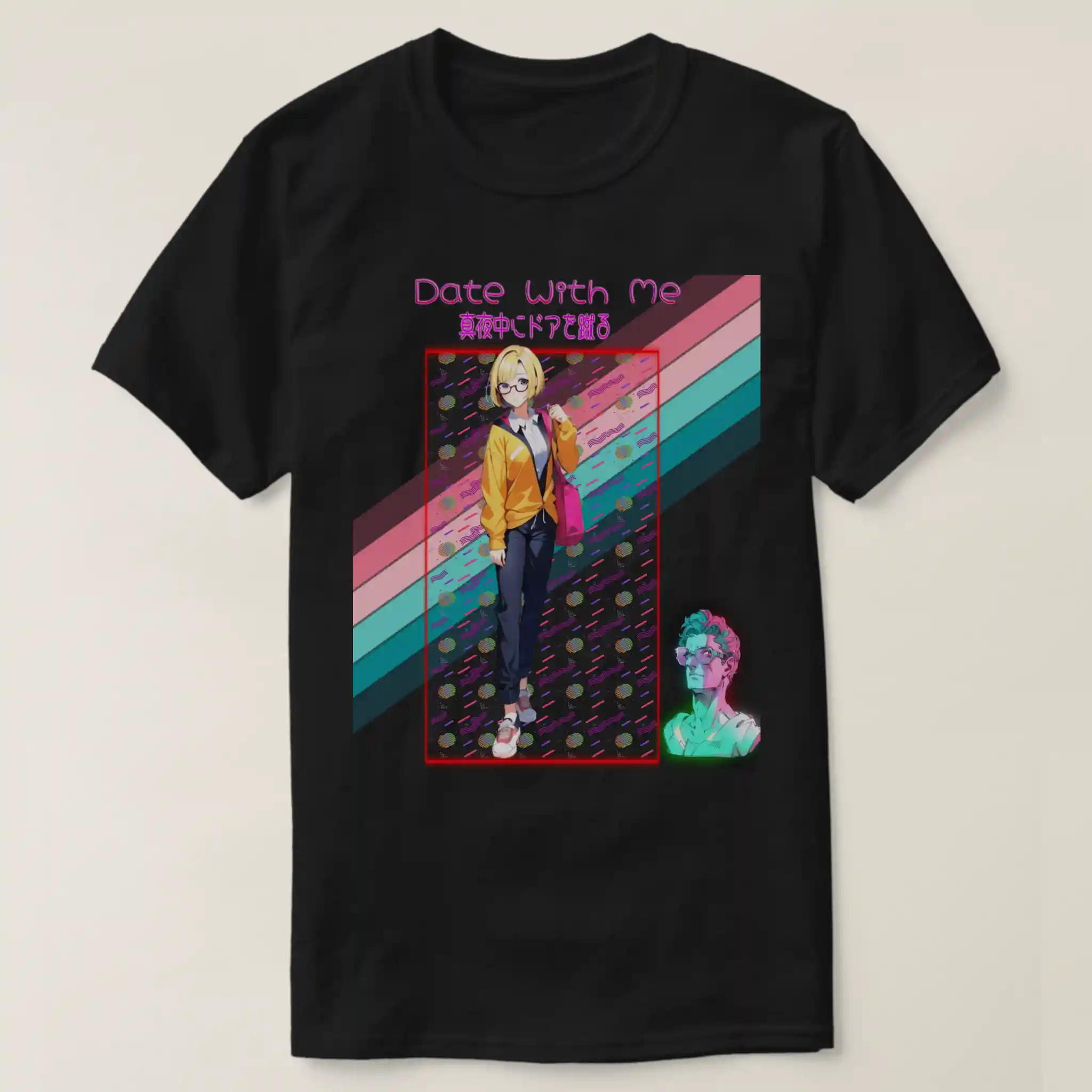 A basic dark t-shirt unisex (both men and women) in Black color, feasting a graphic design which describe at the top A logo of 'date with me' from the title Hachi maru pop. with Japanese text: 真夜中にドアを谴る under it a glowing neon of squire It contains a vibrant geometric pattern featuring colorful shapes and lines against a black background, inspired by retro 80s and 90s vaporwave aesthetics, along with Anime girl with yellow hair and glasses in a yellow jacket, carrying a tote bag on her shoulder. In the back of the image A vibrant striped flag featuring pink, blue, and green colors, representing a rainbow theme. And last on the comer at right A cartoonish 3D statue of a man wearing glasses and standing under a green light.