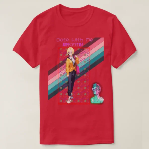 A basic dark t-shirt unisex (both men and women) in Cardinal color, feasting a graphic design which describe at the top A logo of 'date with me' from the title Hachi maru pop. with Japanese text: 真夜中にドアを谴る under it a glowing neon of squire It contains a vibrant geometric pattern featuring colorful shapes and lines against a black background, inspired by retro 80s and 90s vaporwave aesthetics, along with Anime girl with yellow hair and glasses in a yellow jacket, carrying a tote bag on her shoulder. In the back of the image A vibrant striped flag featuring pink, blue, and green colors, representing a rainbow theme. And last on the comer at right A cartoonish 3D statue of a man wearing glasses and standing under a green light.