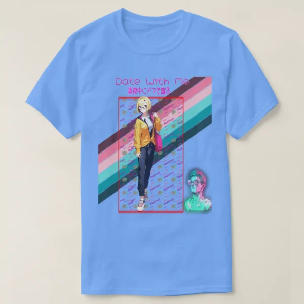 A basic dark t-shirt unisex (both men and women) in Carolina Blue color, feasting a graphic design which describe at the top A logo of 'date with me' from the title Hachi maru pop. with Japanese text: 真夜中にドアを谴る under it a glowing neon of squire It contains a vibrant geometric pattern featuring colorful shapes and lines against a black background, inspired by retro 80s and 90s vaporwave aesthetics, along with Anime girl with yellow hair and glasses in a yellow jacket, carrying a tote bag on her shoulder. In the back of the image A vibrant striped flag featuring pink, blue, and green colors, representing a rainbow theme. And last on the comer at right A cartoonish 3D statue of a man wearing glasses and standing under a green light.