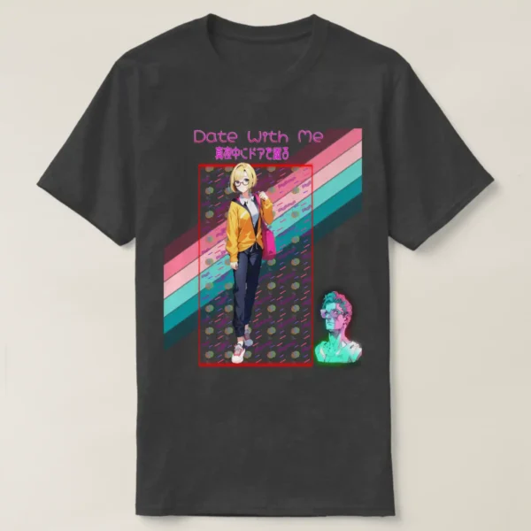 A basic dark t-shirt unisex (both men and women) Charcoal Heather color, feasting a graphic design which describe at the top A logo of 'date with me' from the title Hachi maru pop. with Japanese text: 真夜中にドアを谴る under it a glowing neon of squire It contains a vibrant geometric pattern featuring colorful shapes and lines against a black background, inspired by retro 80s and 90s vaporwave aesthetics, along with Anime girl with yellow hair and glasses in a yellow jacket, carrying a tote bag on her shoulder. In the back of the image A vibrant striped flag featuring pink, blue, and green colors, representing a rainbow theme. And last on the comer at right A cartoonish 3D statue of a man wearing glasses and standing under a green light.