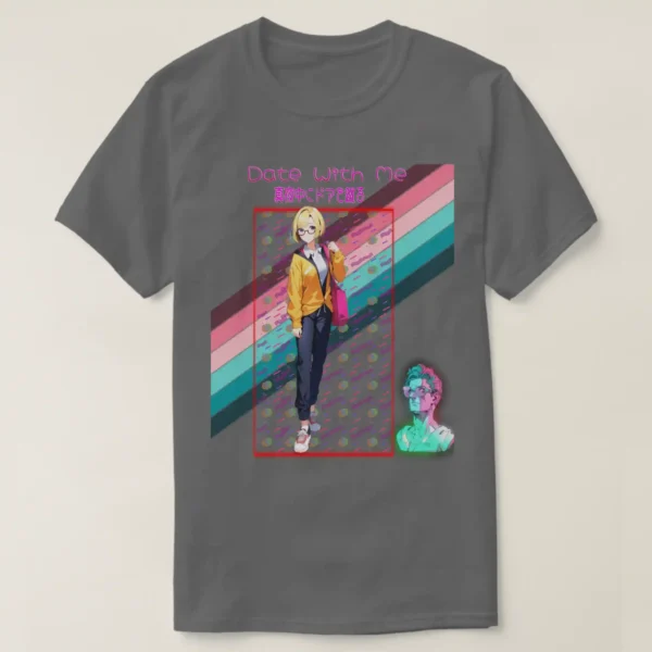 A basic dark t-shirt unisex (both men and women) Charcoal Heather color, feasting a graphic design which describe at the top A logo of 'date with me' from the title Hachi maru pop. with Japanese text: 真夜中にドアを谴る under it a glowing neon of squire It contains a vibrant geometric pattern featuring colorful shapes and lines against a black background, inspired by retro 80s and 90s vaporwave aesthetics, along with Anime girl with yellow hair and glasses in a yellow jacket, carrying a tote bag on her shoulder. In the back of the image A vibrant striped flag featuring pink, blue, and green colors, representing a rainbow theme. And last on the comer at right A cartoonish 3D statue of a man wearing glasses and standing under a green light.