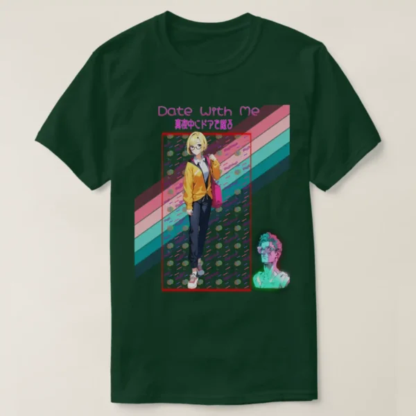 A basic dark t-shirt unisex (both men and women) in Deep Forest color, feasting a graphic design which describe at the top A logo of 'date with me' from the title Hachi maru pop. with Japanese text: 真夜中にドアを谴る under it a glowing neon of squire It contains a vibrant geometric pattern featuring colorful shapes and lines against a black background, inspired by retro 80s and 90s vaporwave aesthetics, along with Anime girl with yellow hair and glasses in a yellow jacket, carrying a tote bag on her shoulder. In the back of the image A vibrant striped flag featuring pink, blue, and green colors, representing a rainbow theme. And last on the comer at right A cartoonish 3D statue of a man wearing glasses and standing under a green light.