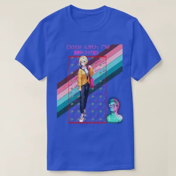 A basic dark t-shirt unisex (both men and women) in Deep Royal color, feasting a graphic design which describe at the top A logo of 'date with me' from the title Hachi maru pop. with Japanese text: 真夜中にドアを谴る under it a glowing neon of squire It contains a vibrant geometric pattern featuring colorful shapes and lines against a black background, inspired by retro 80s and 90s vaporwave aesthetics, along with Anime girl with yellow hair and glasses in a yellow jacket, carrying a tote bag on her shoulder. In the back of the image A vibrant striped flag featuring pink, blue, and green colors, representing a rainbow theme. And last on the comer at right A cartoonish 3D statue of a man wearing glasses and standing under a green light.