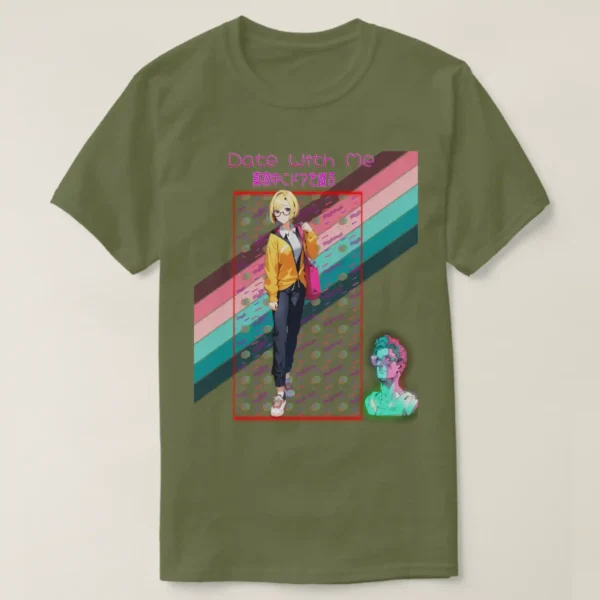 A basic dark t-shirt unisex (both men and women) in Fatigue Green color, feasting a graphic design which describe at the top A logo of 'date with me' from the title Hachi maru pop. with Japanese text: 真夜中にドアを谴る under it a glowing neon of squire It contains a vibrant geometric pattern featuring colorful shapes and lines against a black background, inspired by retro 80s and 90s vaporwave aesthetics, along with Anime girl with yellow hair and glasses in a yellow jacket, carrying a tote bag on her shoulder. In the back of the image A vibrant striped flag featuring pink, blue, and green colors, representing a rainbow theme. And last on the comer at right A cartoonish 3D statue of a man wearing glasses and standing under a green light.