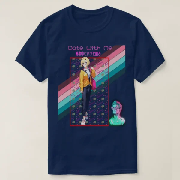 A basic dark t-shirt unisex (both men and women) in Navy Blue color, feasting a graphic design which describe at the top A logo of 'date with me' from the title Hachi maru pop. with Japanese text: 真夜中にドアを谴る under it a glowing neon of squire It contains a vibrant geometric pattern featuring colorful shapes and lines against a black background, inspired by retro 80s and 90s vaporwave aesthetics, along with Anime girl with yellow hair and glasses in a yellow jacket, carrying a tote bag on her shoulder. In the back of the image A vibrant striped flag featuring pink, blue, and green colors, representing a rainbow theme. And last on the comer at right A cartoonish 3D statue of a man wearing glasses and standing under a green light.