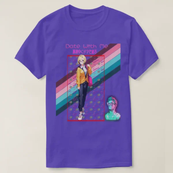 A basic dark t-shirt unisex (both men and women) in Purple color, feasting a graphic design which describe at the top A logo of 'date with me' from the title Hachi maru pop. with Japanese text: 真夜中にドアを谴る under it a glowing neon of squire It contains a vibrant geometric pattern featuring colorful shapes and lines against a black background, inspired by retro 80s and 90s vaporwave aesthetics, along with Anime girl with yellow hair and glasses in a yellow jacket, carrying a tote bag on her shoulder. In the back of the image A vibrant striped flag featuring pink, blue, and green colors, representing a rainbow theme. And last on the comer at right A cartoonish 3D statue of a man wearing glasses and standing under a green light.