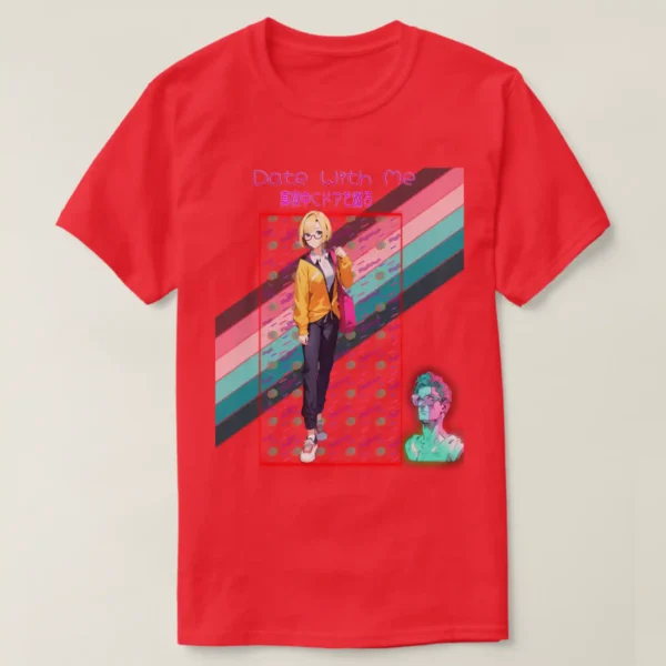 A basic dark t-shirt unisex (both men and women) in Red color, feasting a graphic design which describe at the top A logo of 'date with me' from the title Hachi maru pop. with Japanese text: 真夜中にドアを谴る under it a glowing neon of squire It contains a vibrant geometric pattern featuring colorful shapes and lines against a black background, inspired by retro 80s and 90s vaporwave aesthetics, along with Anime girl with yellow hair and glasses in a yellow jacket, carrying a tote bag on her shoulder. In the back of the image A vibrant striped flag featuring pink, blue, and green colors, representing a rainbow theme. And last on the comer at right A cartoonish 3D statue of a man wearing glasses and standing under a green light.