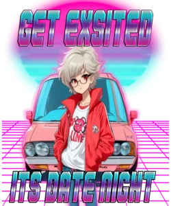 A retro wave background featuring a neon purple grid, retrowave sunset with pink and blue light colors, and a front-facing car, with a retro 80s anime girl posing in front. She had short hair (white hair color), wearing a red jacket, white t-shirt, and glasses. Accompanied by the title "GET EXCITED, IT'S DATE NIGHT.". 