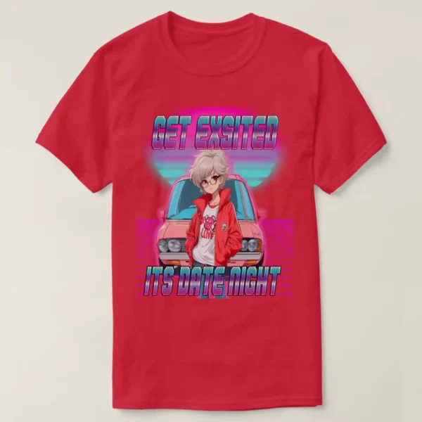 A front unisex Basic Dark T-Shirt Cardinal color, print on its graphic design of: A retro wave background featuring a neon purple grid, retrowave sunset with pink and blue light colors, and a front-facing car, with a retro 80s anime girl posing in front. She had short hair (white hair color), wearing a red jacket, white t-shirt, and glasses. Accompanied by the title "GET EXCITED, IT'S DATE NIGHT."