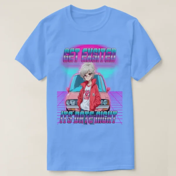 A front unisex Basic Dark T-Shirt Carolina Blue color, print on its graphic design of: A retro wave background featuring a neon purple grid, retrowave sunset with pink and blue light colors, and a front-facing car, with a retro 80s anime girl posing in front. She had short hair (white hair color), wearing a red jacket, white t-shirt, and glasses. Accompanied by the title "GET EXCITED, IT'S DATE NIGHT."