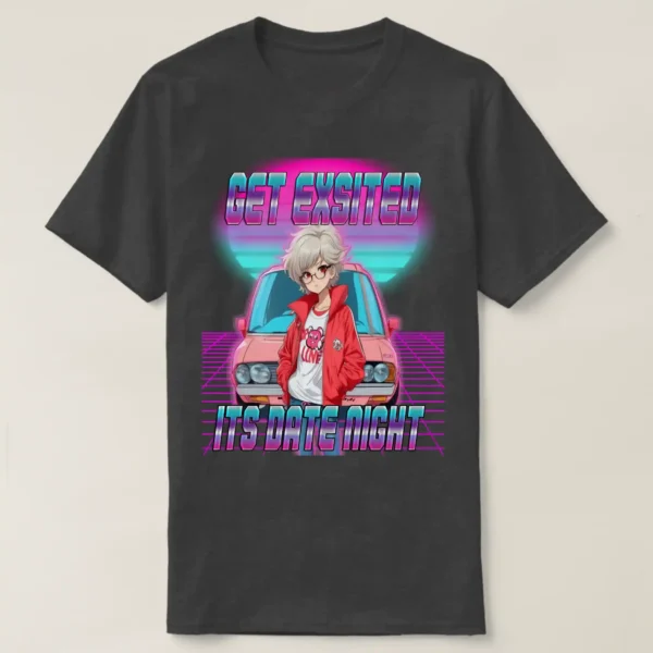 A front unisex Basic Dark T-Shirt Charcoal Heather color, print on its graphic design of: A retro wave background featuring a neon purple grid, retrowave sunset with pink and blue light colors, and a front-facing car, with a retro 80s anime girl posing in front. She had short hair (white hair color), wearing a red jacket, white t-shirt, and glasses. Accompanied by the title "GET EXCITED, IT'S DATE NIGHT."