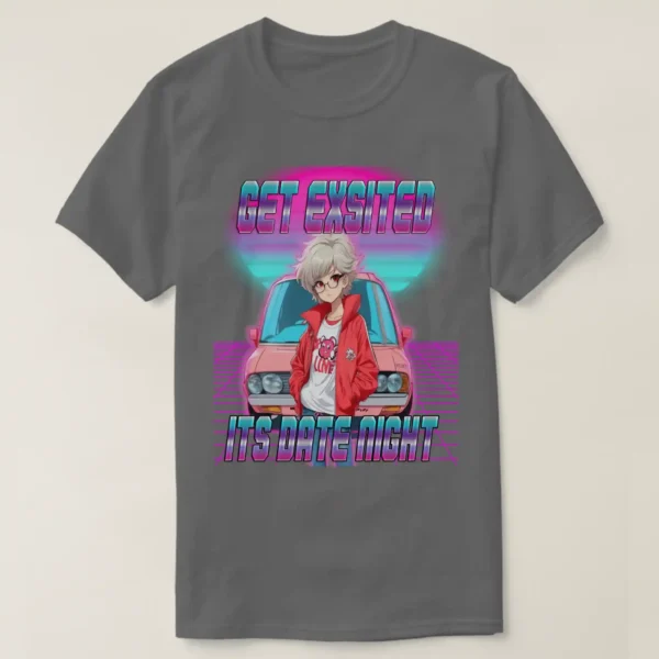 A front unisex Basic Dark T-Shirt Dark Grey color, print on its graphic design of: A retro wave background featuring a neon purple grid, retrowave sunset with pink and blue light colors, and a front-facing car, with a retro 80s anime girl posing in front. She had short hair (white hair color), wearing a red jacket, white t-shirt, and glasses. Accompanied by the title "GET EXCITED, IT'S DATE NIGHT."