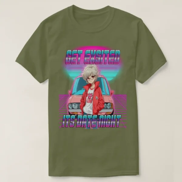 A front unisex Basic Dark T-Shirt Fatigue Green color, print on its graphic design of: A retro wave background featuring a neon purple grid, retrowave sunset with pink and blue light colors, and a front-facing car, with a retro 80s anime girl posing in front. She had short hair (white hair color), wearing a red jacket, white t-shirt, and glasses. Accompanied by the title "GET EXCITED, IT'S DATE NIGHT."