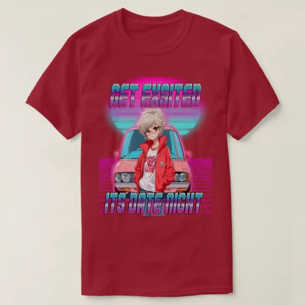 A front unisex Basic Dark T-Shirt Maroon color, print on its graphic design of: A retro wave background featuring a neon purple grid, retrowave sunset with pink and blue light colors, and a front-facing car, with a retro 80s anime girl posing in front. She had short hair (white hair color), wearing a red jacket, white t-shirt, and glasses. Accompanied by the title "GET EXCITED, IT'S DATE NIGHT."