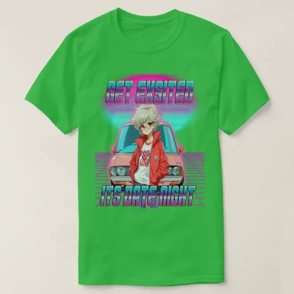 A front unisex Basic Dark T-Shirt Shamrock Green color, print on its graphic design of: A retro wave background featuring a neon purple grid, retrowave sunset with pink and blue light colors, and a front-facing car, with a retro 80s anime girl posing in front. She had short hair (white hair color), wearing a red jacket, white t-shirt, and glasses. Accompanied by the title "GET EXCITED, IT'S DATE NIGHT."