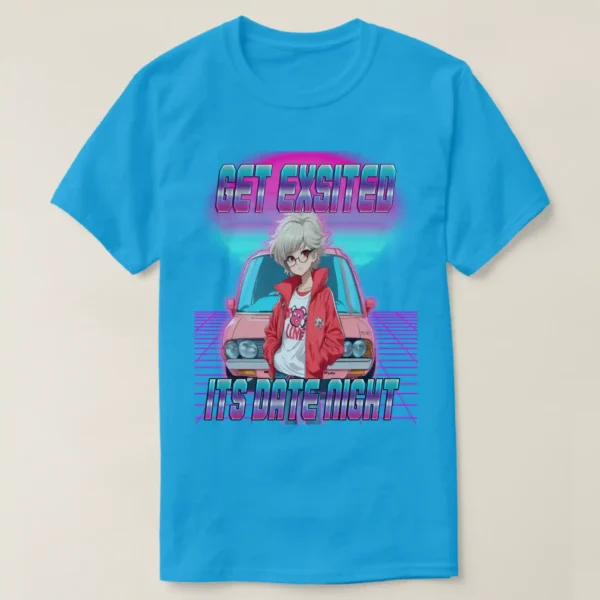 A front unisex Basic Dark T-Shirt Teal color, print on its graphic design of: A retro wave background featuring a neon purple grid, retrowave sunset with pink and blue light colors, and a front-facing car, with a retro 80s anime girl posing in front. She had short hair (white hair color), wearing a red jacket, white t-shirt, and glasses. Accompanied by the title "GET EXCITED, IT'S DATE NIGHT."