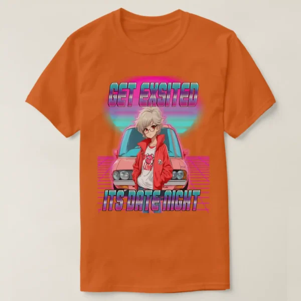 A front unisex Basic Dark T-Shirt Texas Orange color, print on its graphic design of: A retro wave background featuring a neon purple grid, retrowave sunset with pink and blue light colors, and a front-facing car, with a retro 80s anime girl posing in front. She had short hair (white hair color), wearing a red jacket, white t-shirt, and glasses. Accompanied by the title "GET EXCITED, IT'S DATE NIGHT."