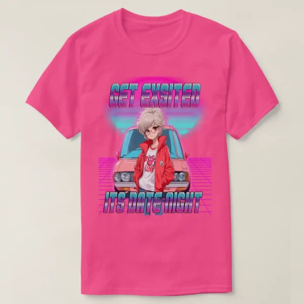 A front unisex Basic Dark T-Shirt Wow Pink color, print on its graphic design of: A retro wave background featuring a neon purple grid, retrowave sunset with pink and blue light colors, and a front-facing car, with a retro 80s anime girl posing in front. She had short hair (white hair color), wearing a red jacket, white t-shirt, and glasses. Accompanied by the title "GET EXCITED, IT'S DATE NIGHT."