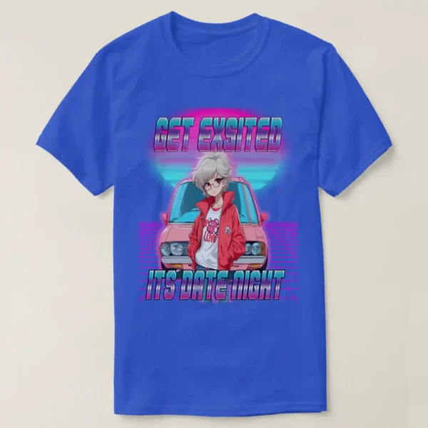 A front unisex Basic Dark T-Shirt Deep Royal color, print on its graphic design of: A retro wave background featuring a neon purple grid, retrowave sunset with pink and blue light colors, and a front-facing car, with a retro 80s anime girl posing in front. She had short hair (white hair color), wearing a red jacket, white t-shirt, and glasses. Accompanied by the title "GET EXCITED, IT'S DATE NIGHT."