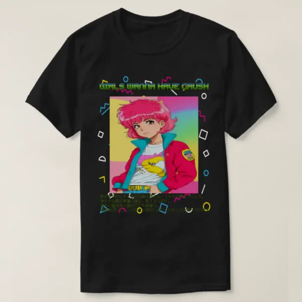 A basic dark t-shirt unisex (both men and women) in black color, feasting a graphic design which describe A fronted man wearing basic dark t-shirt unisex (both men and women) in black color, feasting a graphic design which describe: A retro shape background in the vaporwave aesthetic with a central image of an adorable classic anime character with pink shag 80s hairstyle and wearing pink jacket/teal colors, and white t-shirt with drawings. Along with the upper title “GIRL WANNA HAVE CRUSH”, and the down of the image there a long Japanese text.