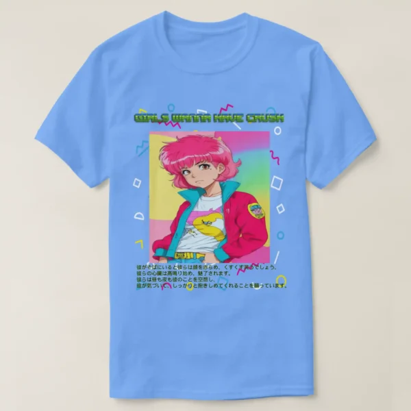 A basic dark t-shirt unisex (both men and women) in Carolina Blue color, feasting a graphic design which describe A fronted man wearing basic dark t-shirt unisex (both men and women) in black color, feasting a graphic design which describe: A retro shape background in the vaporwave aesthetic with a central image of an adorable classic anime character with pink shag 80s hairstyle and wearing pink jacket/teal colors, and white t-shirt with drawings. Along with the upper title “GIRL WANNA HAVE CRUSH”, and the down of the image there a long Japanese text.