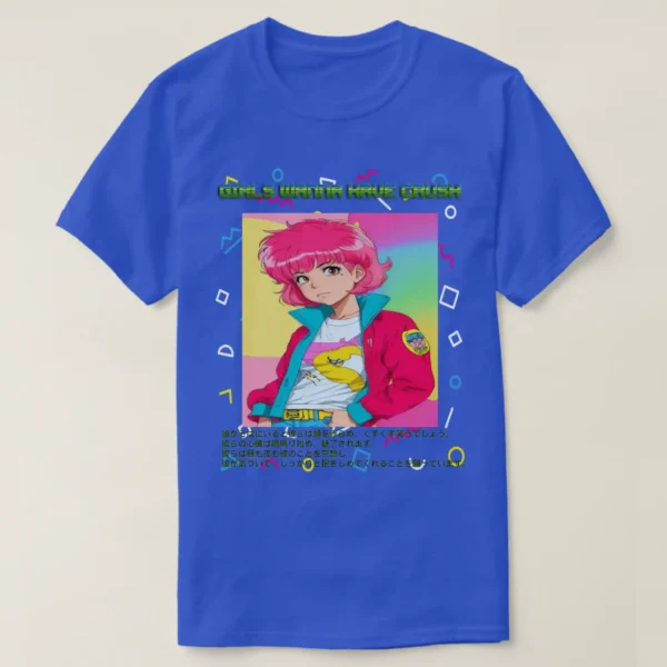 A basic dark t-shirt unisex (both men and women) in Deep Royal color, feasting a graphic design which describe A fronted man wearing basic dark t-shirt unisex (both men and women) in black color, feasting a graphic design which describe: A retro shape background in the vaporwave aesthetic with a central image of an adorable classic anime character with pink shag 80s hairstyle and wearing pink jacket/teal colors, and white t-shirt with drawings. Along with the upper title “GIRL WANNA HAVE CRUSH”, and the down of the image there a long Japanese text.