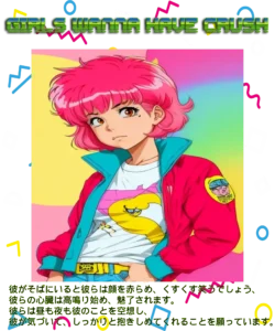 A retro shape background in the vaporwave aesthetic with a central image of an adorable classic anime character with pink shag 80s hairstyle and wearing pink jacket/teal colors, and white t-shirt with drawings. Along with the upper title “GIRL WANNA HAVE CRUSH”, and the down of the image there a long Japanese text.