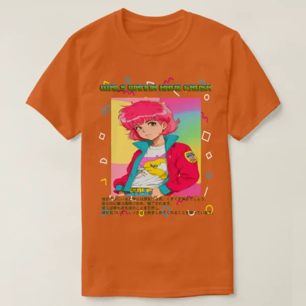 A basic dark t-shirt unisex (both men and women) in Texas Orange color, feasting a graphic design which describe A fronted man wearing basic dark t-shirt unisex (both men and women) in black color, feasting a graphic design which describe: A retro shape background in the vaporwave aesthetic with a central image of an adorable classic anime character with pink shag 80s hairstyle and wearing pink jacket/teal colors, and white t-shirt with drawings. Along with the upper title “GIRL WANNA HAVE CRUSH”, and the down of the image there a long Japanese text.