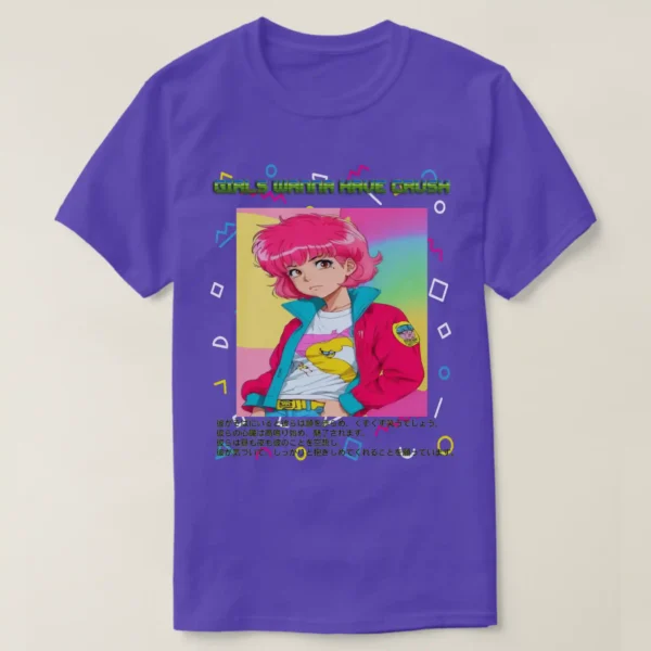 A basic dark t-shirt unisex (both men and women) in purple color, feasting a graphic design which describe A fronted man wearing basic dark t-shirt unisex (both men and women) in black color, feasting a graphic design which describe: A retro shape background in the vaporwave aesthetic with a central image of an adorable classic anime character with pink shag 80s hairstyle and wearing pink jacket/teal colors, and white t-shirt with drawings. Along with the upper title “GIRL WANNA HAVE CRUSH”, and the down of the image there a long Japanese text.