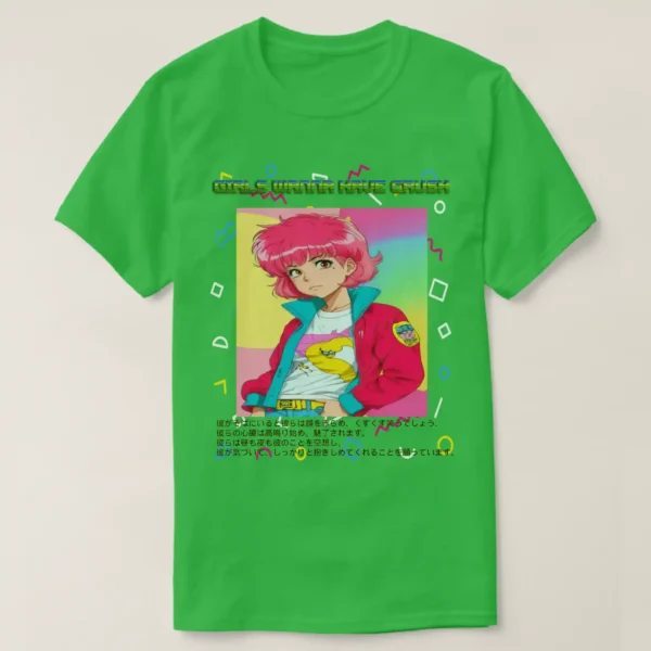 A basic dark t-shirt unisex (both men and women) in Shamrock Green color, feasting a graphic design which describe A fronted man wearing basic dark t-shirt unisex (both men and women) in black color, feasting a graphic design which describe: A retro shape background in the vaporwave aesthetic with a central image of an adorable classic anime character with pink shag 80s hairstyle and wearing pink jacket/teal colors, and white t-shirt with drawings. Along with the upper title “GIRL WANNA HAVE CRUSH”, and the down of the image there a long Japanese text.