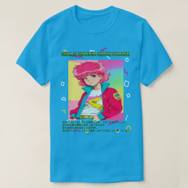 A basic dark t-shirt unisex (both men and women) in Teal color, feasting a graphic design which describe A fronted man wearing basic dark t-shirt unisex (both men and women) in black color, feasting a graphic design which describe: A retro shape background in the vaporwave aesthetic with a central image of an adorable classic anime character with pink shag 80s hairstyle and wearing pink jacket/teal colors, and white t-shirt with drawings. Along with the upper title “GIRL WANNA HAVE CRUSH”, and the down of the image there a long Japanese text.