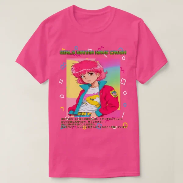 A basic dark t-shirt unisex (both men and women) in Wow Pink Blue color, feasting a graphic design which describe A fronted man wearing basic dark t-shirt unisex (both men and women) in black color, feasting a graphic design which describe: A retro shape background in the vaporwave aesthetic with a central image of an adorable classic anime character with pink shag 80s hairstyle and wearing pink jacket/teal colors, and white t-shirt with drawings. Along with the upper title “GIRL WANNA HAVE CRUSH”, and the down of the image there a long Japanese text.