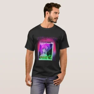 A fronted man wearing a basic dark t-shirt with Shamrock Green color. Printed on it a graphic design which describe: Two purple grid background frames, themed by Retrowave digital sci fi background with 80s transparent sunset. With two titles with black and red stroke: "My eyes play hide-and-seek with my crush”. And another title: “GIRL FROM ANOTHER DIMENSIOM”. Underneath it a note Windows XP, contain An Image of a girl with pink hair and purple eyes on a computer screen, with a note pod and vaporwave retro 90s anime aesthetic. With Japanese text with frost neon green font: “我爱你这个傻瓜”.