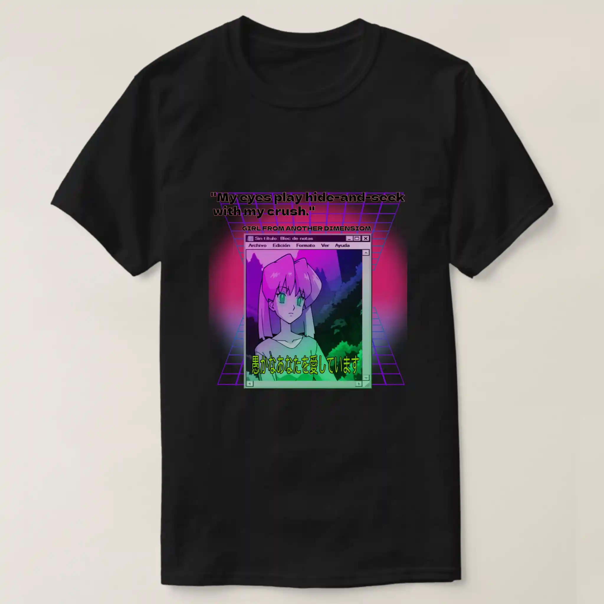 A fronted basic dark t-shirt with black color. Printed on it a graphic design which describe: Two purple grid background frames, themed by Retrowave digital sci fi background with 80s transparent sunset. With two titles with black and red stroke: "My eyes play hide-and-seek with my crush”. And another title: “GIRL FROM ANOTHER DIMENSIOM”. Underneath it a note Windows XP, contain An Image of a girl with pink hair and purple eyes on a computer screen, with a note pod and vaporwave retro 90s anime aesthetic. With Japanese text with frost neon green font: “我爱你这个傻瓜”.