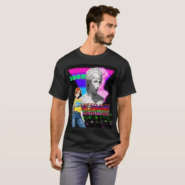 A front man wearing a unisex Basic Dark T-Shirt colored by black color, print on its graphic design of: An Inverted triangle with two statues of vaporwave, the first is 3D cartoonish and the second one is glowing neon Bust Roman sculpture Statue, along with 1985, under it a title written “I NEED HOT NERD”. With an abstract circuit board background featuring a monochrome grid with vibrant neon colors, on right a posing anime glasses girl with short hair, wearing yellow shirt and jeans.