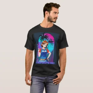 A fronted man wearing basic dark t-shirt unisex (both men and women) in black color, feasting a graphic design which describe: A blue navy background, featuring retro sunset of 80s with two black palms, at front, a glowing grid with vibrant- blue colors, beside it, a wall of glitches, at the center a posing anime glasses girl with short hair, wearing a red-blue t-shirt, tide jeans. And last beneath it a purple title “My Crush Gives MY Anxiety”.