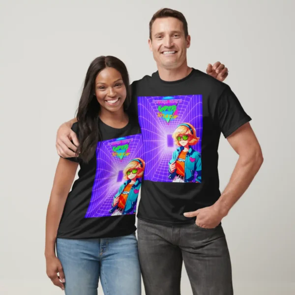 front black woman and white man, holding each other and they’re wearing same unisex Basic Dark T-Shirts, colored by black color, print on them graphic design of: A distorted vertical neon white light grid with a square in the center. themed by Retro 1980s, art style. An anime girl in sunglasses, wearing a blue jacket (with pink heart pitch), and taxes orange t-shirt, styled in vibrant 80s fashion, exuding a cool and confident vibe. On up the top featuring an inverted triangle design, contain three titles showcasing vibrant colors and a nostalgic aesthetic, the first title “RETROWAVE” in skirmisher halftone fonts with gradient purple and blue in colors, “NERD GIRL” the over break fonts glowing by in the lightsaber green color, and last title “TOTAL RAD” in open brush font in the orange color.