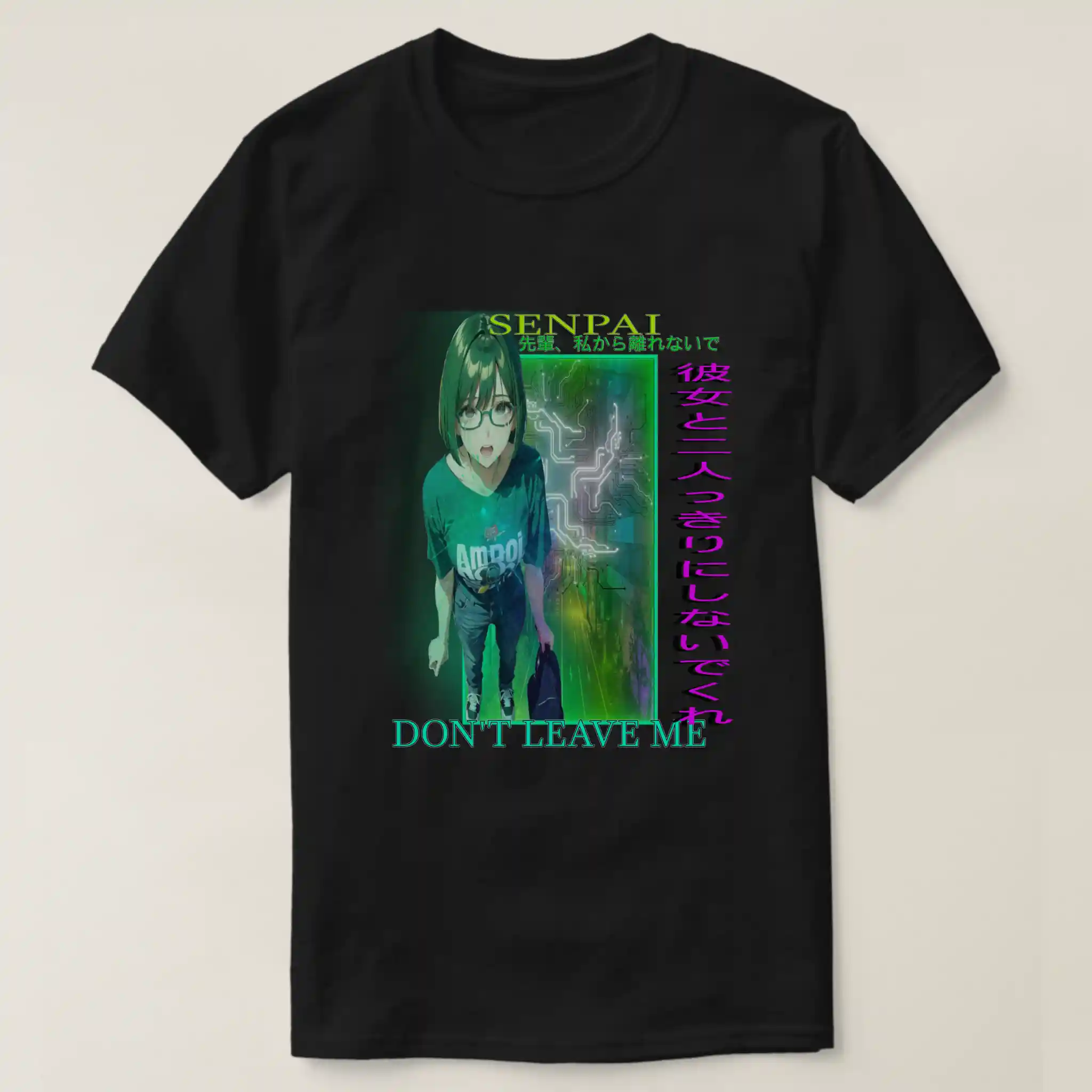 A front side basic dark t-shirt. With black color, showcased fronted graphic design which describe: an image is dominated by green hues, showcasing a grunge vaporwave 90s retro anime aesthetic. It features a front-facing sad anime girl with short green hair, dressed in a green shirt. The scene has a downtown street theme in a cyberpunk digital art style. The title is depicted saying "don't leave me senpai" with accompanying Japanese text.