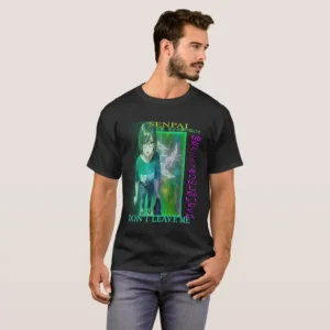 A front man side wearing basic dark t-shirt. With black color, showcased fronted graphic design which describe: an image is dominated by green hues, showcasing a grunge vaporwave 90s retro anime aesthetic. It features a front-facing sad anime girl with short green hair, dressed in a green shirt. The scene has a downtown street theme in a cyberpunk digital art style. The title is depicted saying "don't leave me senpai" with accompanying Japanese text.