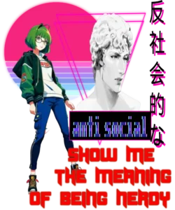 A sunset retrowave from the 80s era with neon purple triangle, at the center of the triangle, featuring vaporwave 3D statue with Japanese columnist title on the right by black\purple colors. Under it their a black signboard featuring "Anti Socia” in glitch font, and blue color. Continuing in below, a red title said “SHOW ME THE MEANING OF BEING NERDY”. And the last on the left, a posing anime glasses girl with short green hair (classic bob hairstyle) wearing a green\black jacket, white print on it a Japanese fonts t-shirt and tide jeans by denim color.