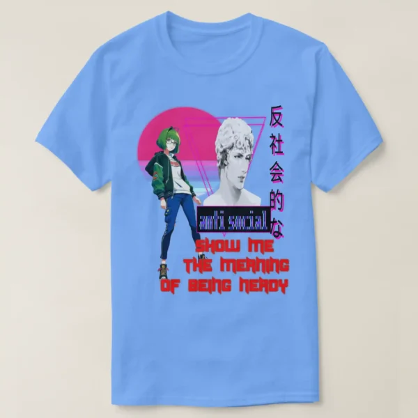 A basic dark t-shirt unisex (both men and women) in Carolina Blue color, feasting a graphic design which describe A fronted man wearing basic dark t-shirt unisex (both men and women) in black color, feasting a graphic design which describe: A retro shape background in the vaporwave aesthetic with a central image of an adorable classic anime character with pink shag 80s hairstyle and wearing pink jacket/teal colors, and white t-shirt with drawings. Along with the upper title “GIRL WANNA HAVE CRUSH”, and the down of the image there a long Japanese text.