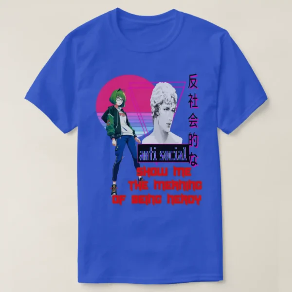 A basic dark t-shirt unisex (both men and women) in Deep Royal color, feasting a graphic design which describe A fronted man wearing basic dark t-shirt unisex (both men and women) in black color, feasting a graphic design which describe: A retro shape background in the vaporwave aesthetic with a central image of an adorable classic anime character with pink shag 80s hairstyle and wearing pink jacket/teal colors, and white t-shirt with drawings. Along with the upper title “GIRL WANNA HAVE CRUSH”, and the down of the image there a long Japanese text.