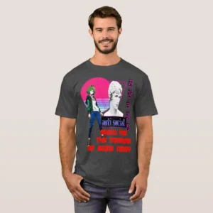 A fronted man wearing basic dark t-shirt unisex (both men and women) in Charcoal Heather color, feasting a graphic design which describe: A sunset retrowave from the 80s era with neon purple triangle, at the center of the triangle, featuring vaporwave 3D statue with Japanese columnist title on the right by black\purple colors. Under it their a black signboard featuring "Anti Socia” in glitch font, and blue color. Continuing in below, a red title said “SHOW ME THE MEANING OF BEING NERDY”. And the last on the left, a posing anime glasses girl with short green hair (classic bob hairstyle) wearing a green\black jacket, white print on it a Japanese fonts t-shirt and tide jeans by denim color.