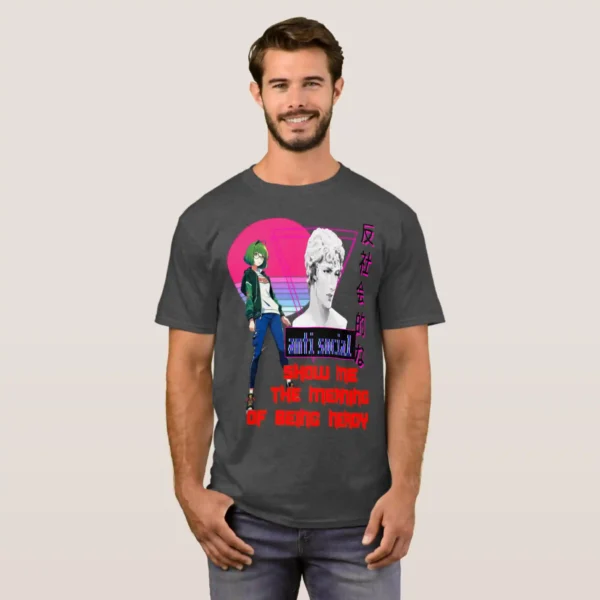 A fronted man wearing basic dark t-shirt unisex (both men and women) in Charcoal Heather color, feasting a graphic design which describe: A sunset retrowave from the 80s era with neon purple triangle, at the center of the triangle, featuring vaporwave 3D statue with Japanese columnist title on the right by black\purple colors. Under it their a black signboard featuring "Anti Socia” in glitch font, and blue color. Continuing in below, a red title said “SHOW ME THE MEANING OF BEING NERDY”. And the last on the left, a posing anime glasses girl with short green hair (classic bob hairstyle) wearing a green\black jacket, white print on it a Japanese fonts t-shirt and tide jeans by denim color.