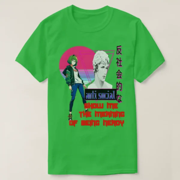 A basic dark t-shirt unisex (both men and women) in Shamrock Green color, feasting a graphic design which describe A fronted man wearing basic dark t-shirt unisex (both men and women) in black color, feasting a graphic design which describe: A retro shape background in the vaporwave aesthetic with a central image of an adorable classic anime character with pink shag 80s hairstyle and wearing pink jacket/teal colors, and white t-shirt with drawings. Along with the upper title “GIRL WANNA HAVE CRUSH”, and the down of the image there a long Japanese text.