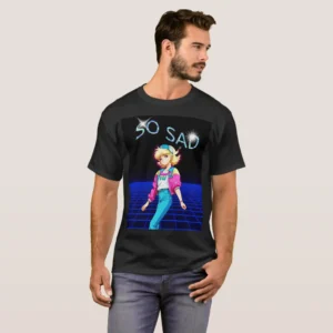 A Front man wearing unisex Basic Dark T-Shirt black color, print on its graphic design of the contains: black background featuring in the up of image title warp wave fonts: “SO SAD”. Along with a retrowave neon grid and a posing retro 80s anime girl with eighteens faction, wearing backward cap, pink and yellow 80's/90's jacket and tide jeans.