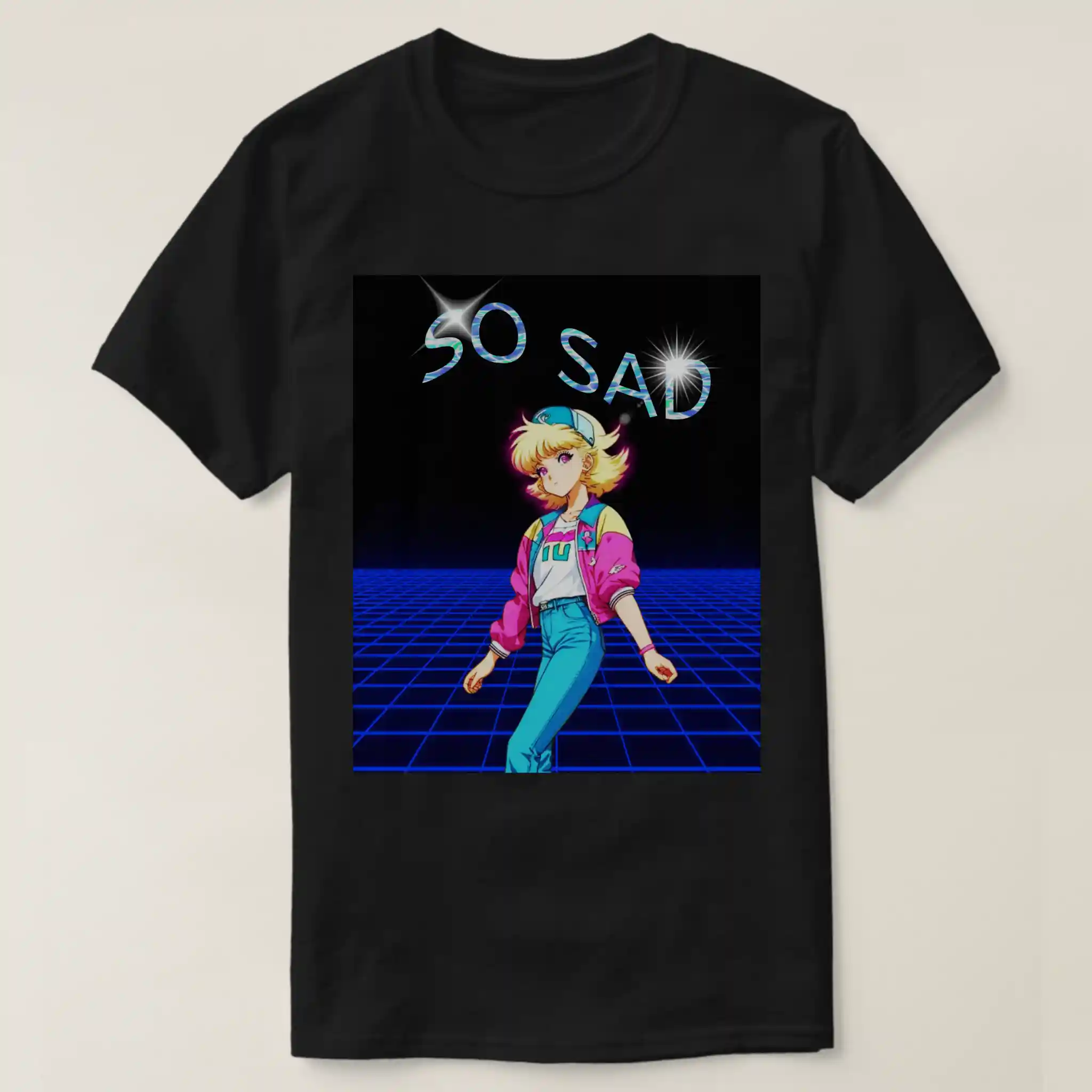 A Front unisex Basic Dark T-Shirt Black color, print on its graphic design of the contains: black background featuring in the up of image title warp wave fonts: “SO SAD”. Along with a retrowave neon grid and a posing retro 80s anime girl with eighteens faction, wearing backward cap, pink and yellow 80's/90's jacket and tide jeans,