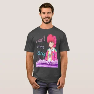 A fronted man basic wearing dark t-shirt unisex (both men and women) in black color, feasting a graphic design which describe: A sad anime girl with side ponytail cerise hairstyle and wearing an eighties hot pink color jacket in hot pink color, standing in above of purple water, exuding vintage vaporwave retro anime aesthetic. Featuring a warp-fish pattern with the title "I don't even care" written in classic fonts letters and filled by gradient pink and blue light colors.